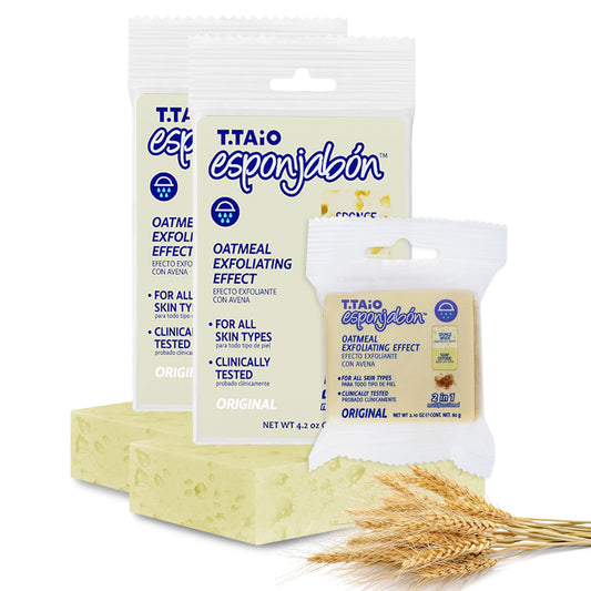 T.Taio Esponjabon Mother of Pearl Soap Sponge - Revitalizing Shower Scrubber for Bath Wash & Oil Removal - Bathroom Essentials with Fresh Scents - Oat with Mini