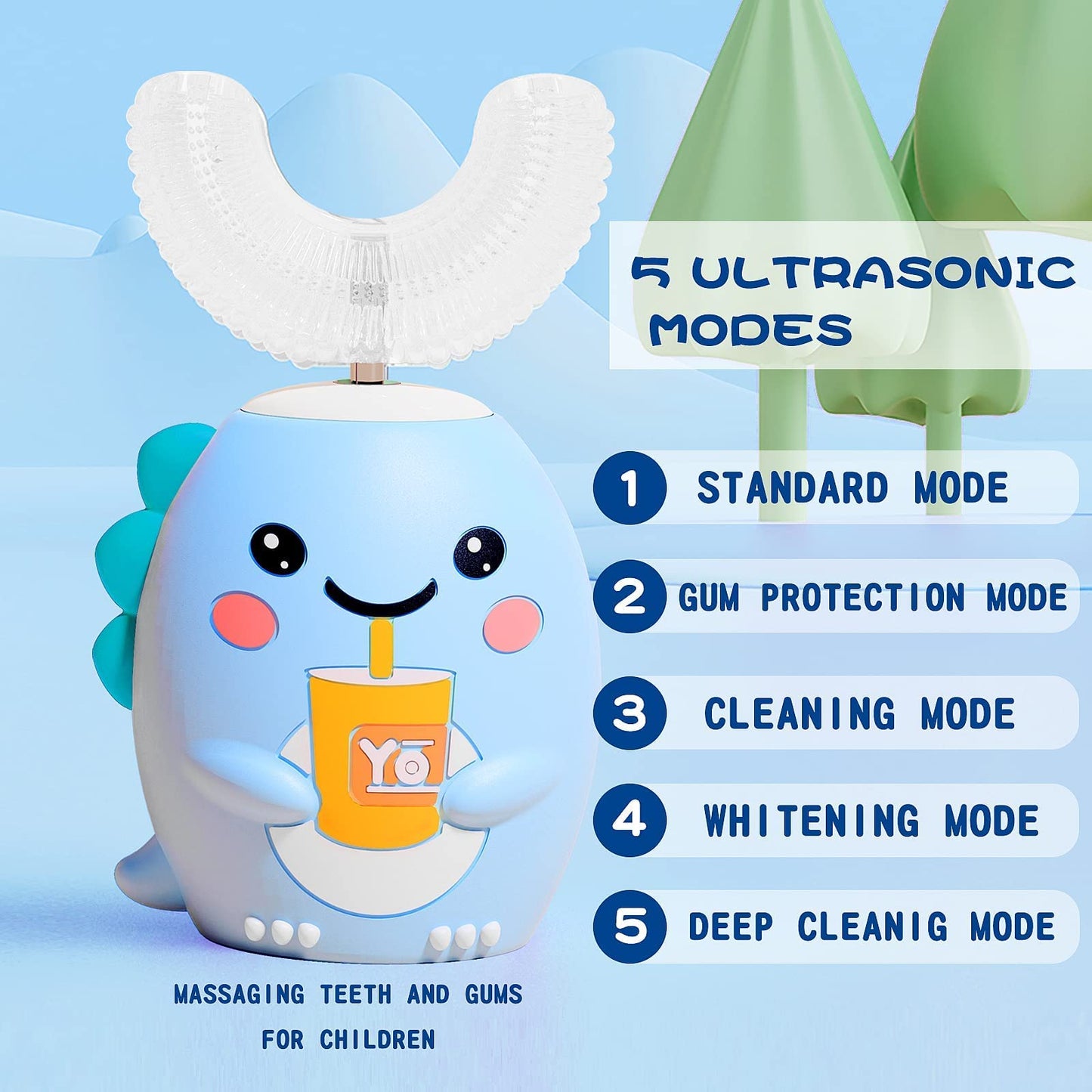 Kids U Shaped Electric Toothbrush with 4 Brush Heads, Sonic Toothbrush Kids with 5 Modes, Cartoon Dinosaur 360-Degree Cleaning IPX7 Waterproof Design (2-6 Age (Blue))