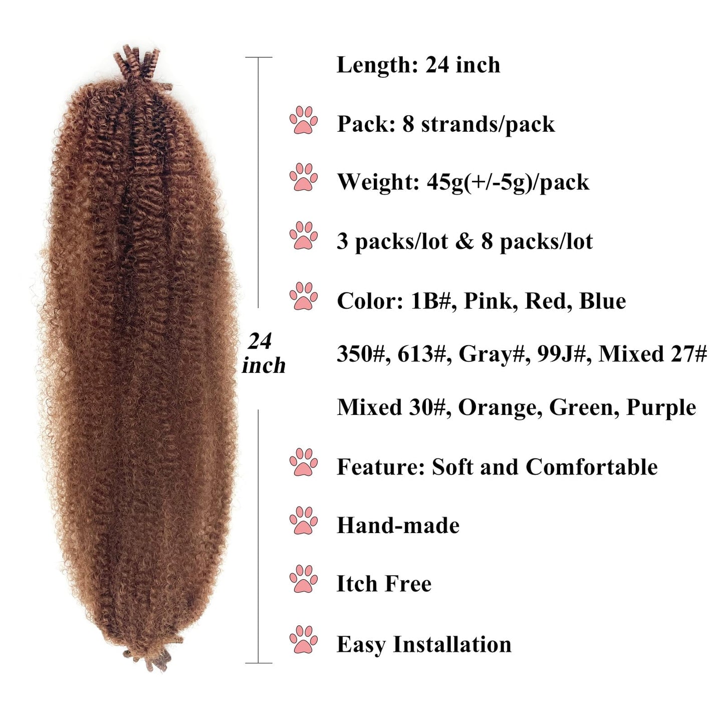 Cuban Twist Marley Hair for Faux Locs 24 Inch Springy Afro Twist Hair Color 30 Pre Fluffed Spring Twist Hair Marley Twist Braiding Hair Kinky Twist Hair for Braiding Jamaican Twist Braid Hair