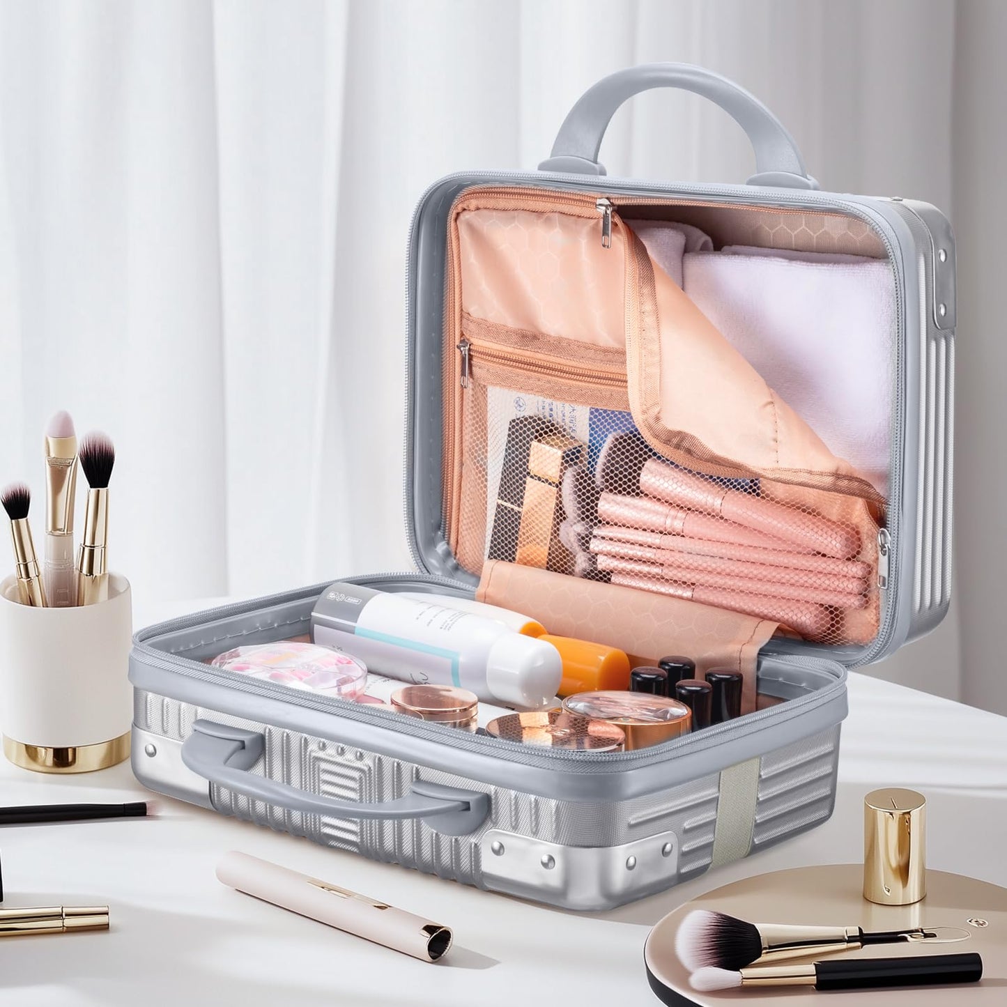 Noverlife 12 Inch Hard Shell Cosmetic Case, Small Hard Case Makeup Travel Case with Elastic Band ABS Carrying Suitcase, Mini Carrying Makeup Suitcase Small Travel Hand Luggage Organizer - Silver