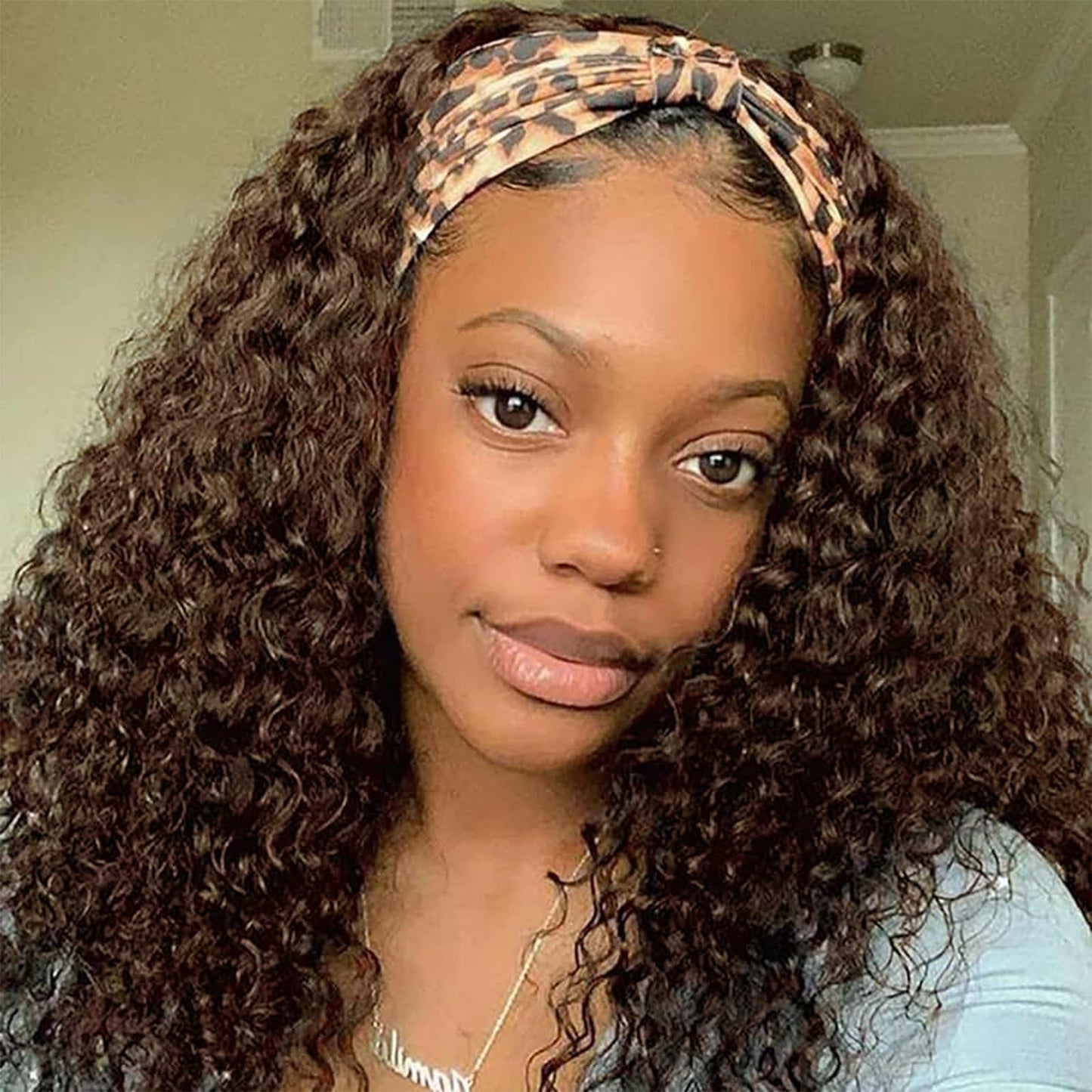 Aiterina Headband Wig Human Hair Headband Wig Deep Wave Human Hair Wigs for Black Women Glueless Human Hair Wigs Machine Made 150% Density No Lace Deep Headband Wig Chocolate Brown 12 inch