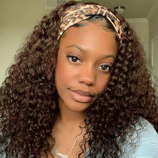 Aiterina Headband Wig Human Hair Headband Wig Deep Wave Human Hair Wigs for Black Women Glueless Human Hair Wigs Machine Made 150% Density No Lace Deep Headband Wig Chocolate Brown 12 inch