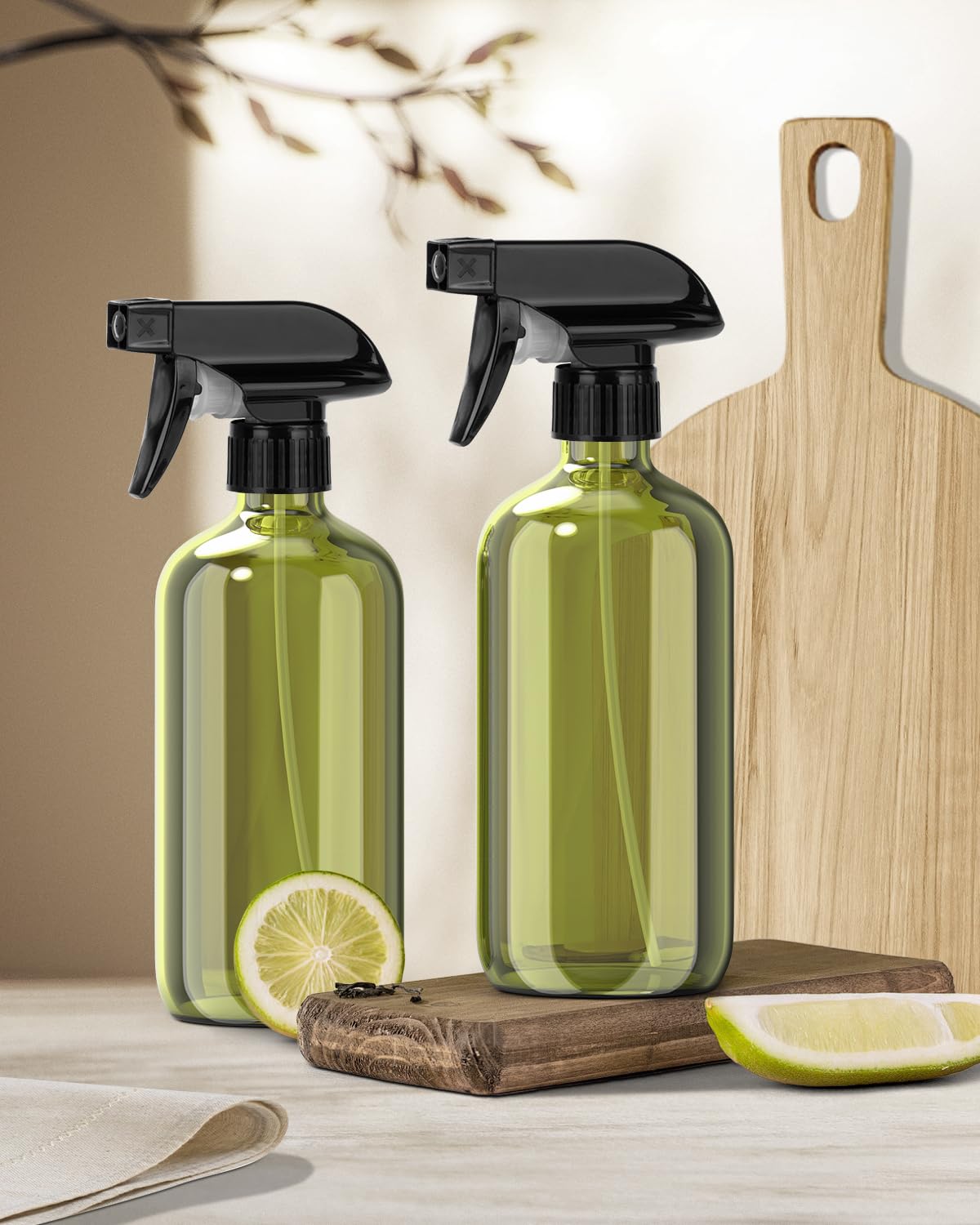 Glass Spray Bottle, Olive Green Glass Spray Bottle Set & Accessories for Non-toxic Window Cleaners Aromatherapy Facial Hydration Watering Flowers Hair Care (2 Pack/16 oz)