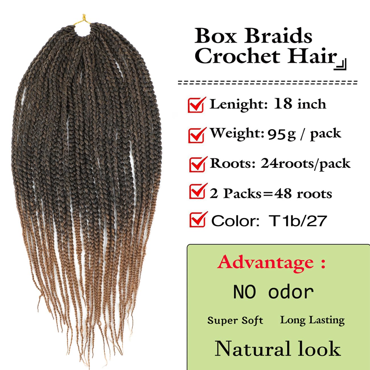 2 Packs 18 Inch 48 Strands Crochet Box Braids Crochet Hair Pre looped Crochet Hair Goddess Braid Hair Crochet Braids for Black Women Braiding Hair (T1b/27)