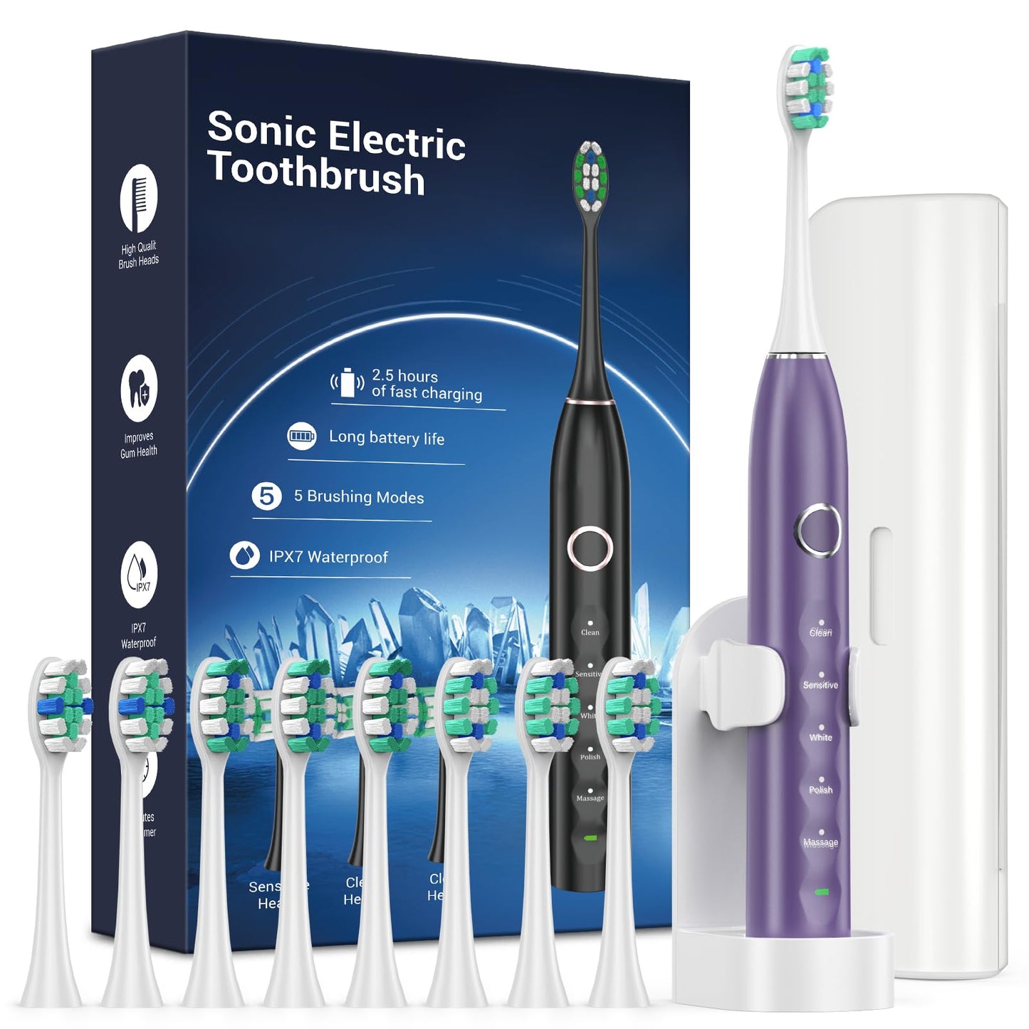 Rtauys S5 Sonic Electric Toothbrush for Adults with 8 Brush Heads, IPX7 Travel Electric Toothbrush with Travel Case, 2.5 Hours Charge for 120 Days, 5 Modes with 2 Minutes Built in Smart Timer Purple