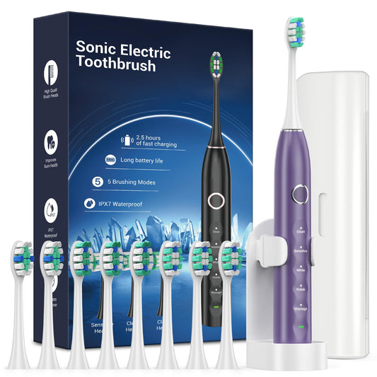 Rtauys S5 Sonic Electric Toothbrush for Adults with 8 Brush Heads, IPX7 Travel Electric Toothbrush with Travel Case, 2.5 Hours Charge for 120 Days, 5 Modes with 2 Minutes Built in Smart Timer Purple