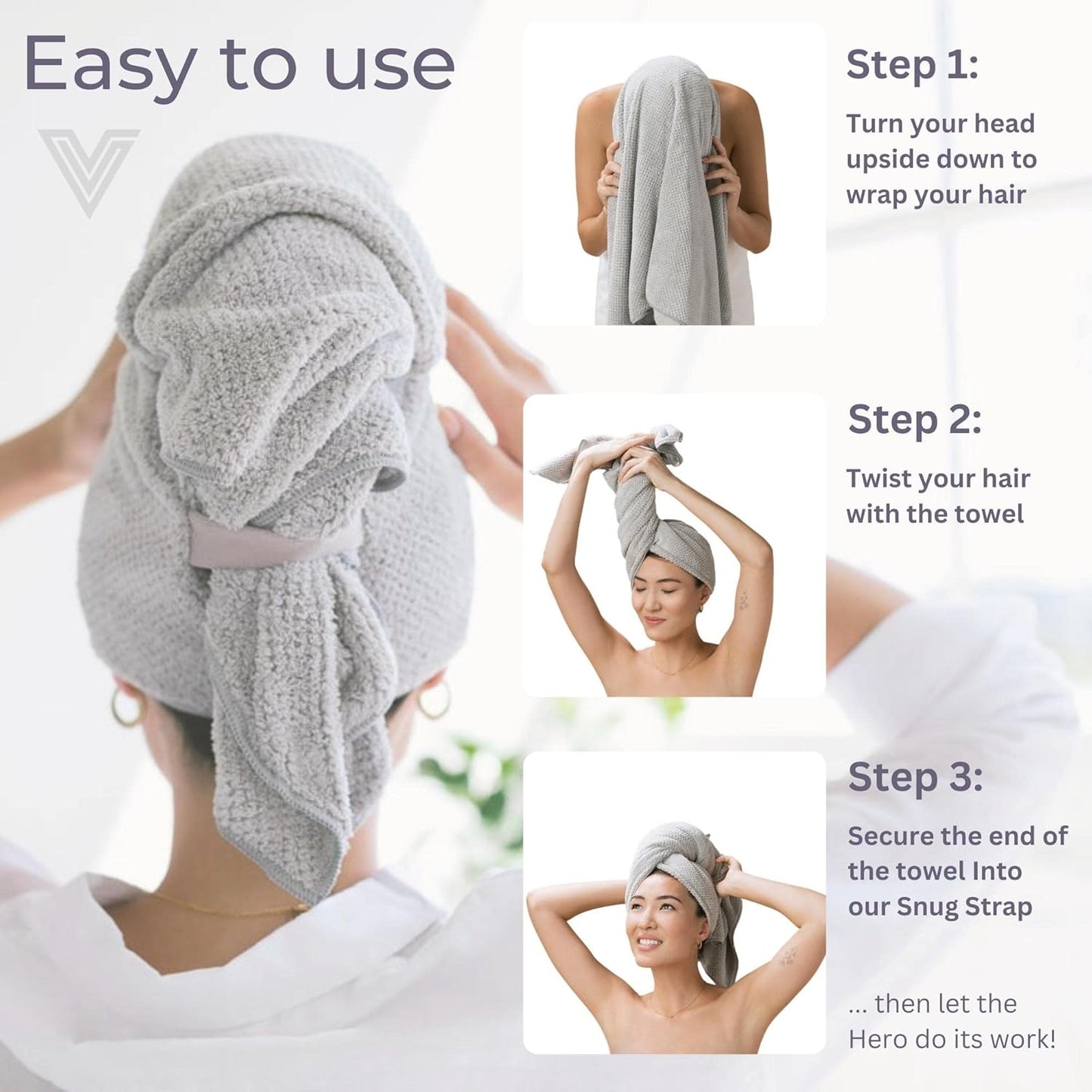 VOLO Hero Hair Towel - Ultra Soft Nanoweave™ Microfiber, Quick Dry, Anti-Frizz, Large Wrap - Salt White