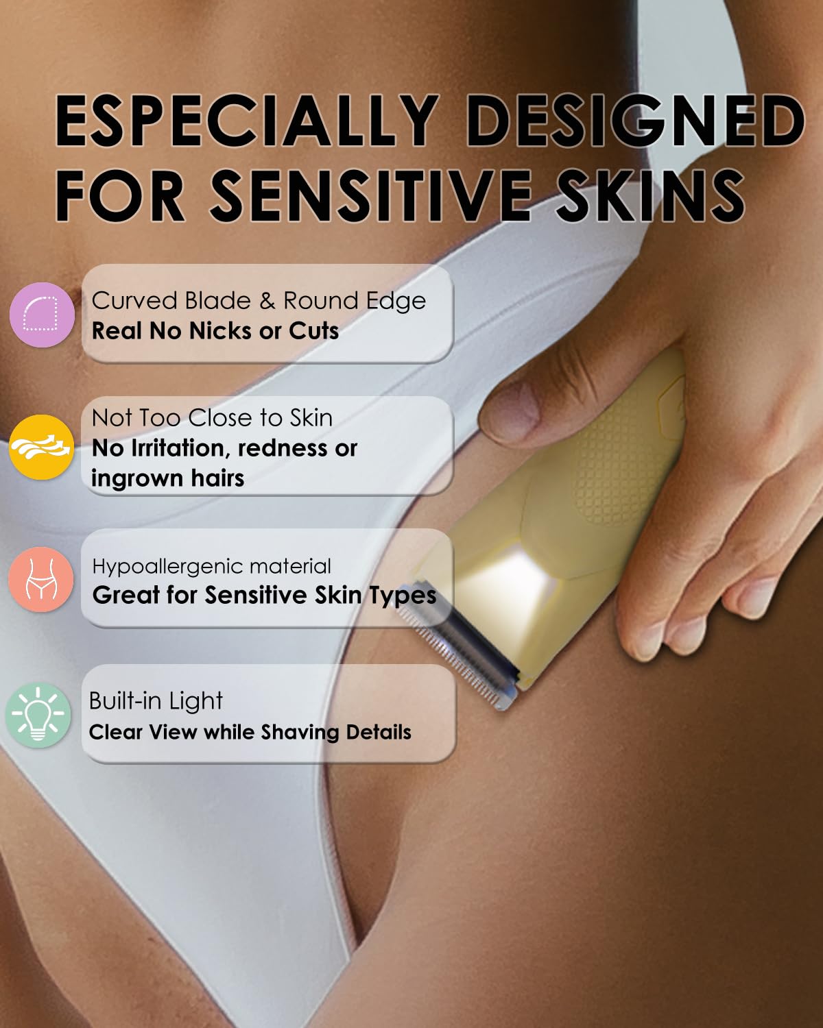 Sensitive Skin Personal Pubic Hair Trimmer for Women and Men, Electric Manscape/Bikini Trimmer, Waterproof Groin Trimmer for Body Hair, with Light, Travel Size, 6 Precisions (Brown)