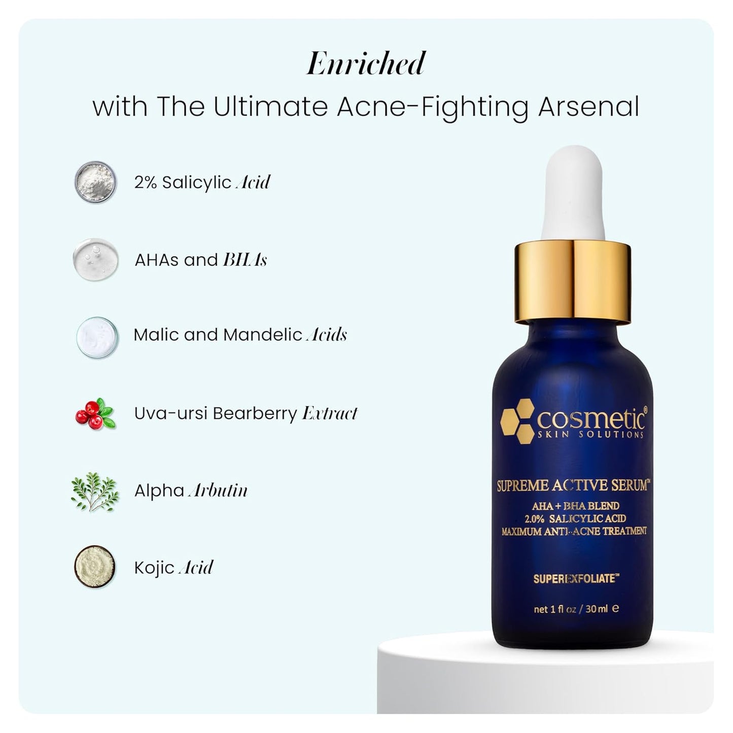 Supreme Active Serum - 2% Salicylic Acid AHA BHA Exfoliating Formula for Clear, Smooth Skin - 1 fl oz