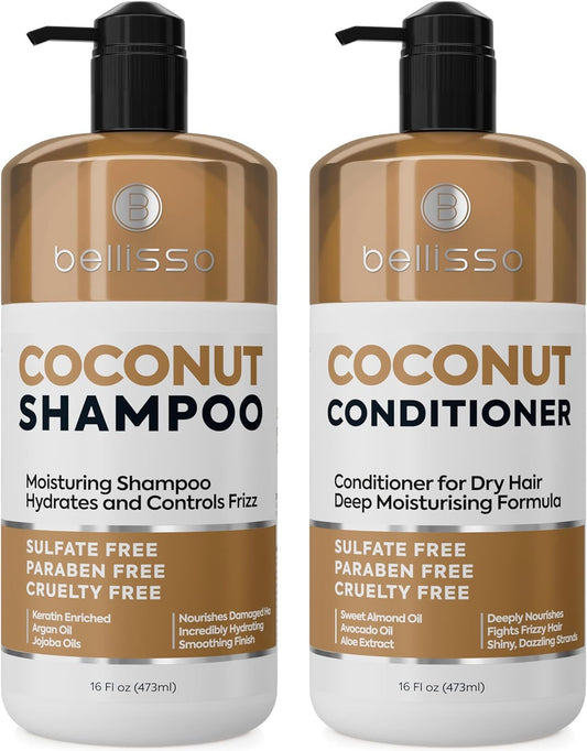 Skiennix Coconut Shampoo & Conditioner Set - Sulfate-Free, Deep Moisturizing Formula for Dry, Damaged Hair - 16 Fl Oz (Set of 2)