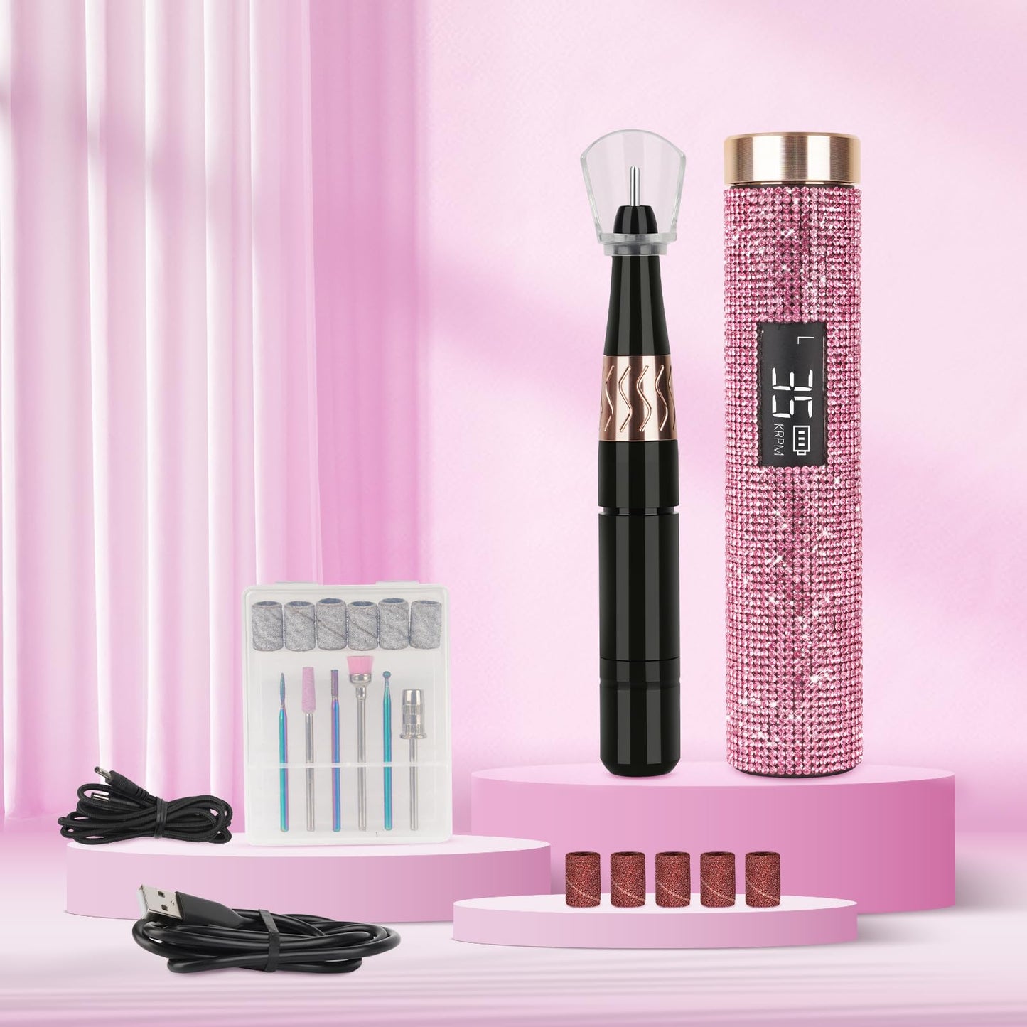 Professional Rechargeable Nail Drill Machine, Lavinda Diamond 35000RPM Electric Nail File Cordless Portable Nail Drill with Coreless Motor for Acrylic Nails, Manicure Pedicure Tool, Pink