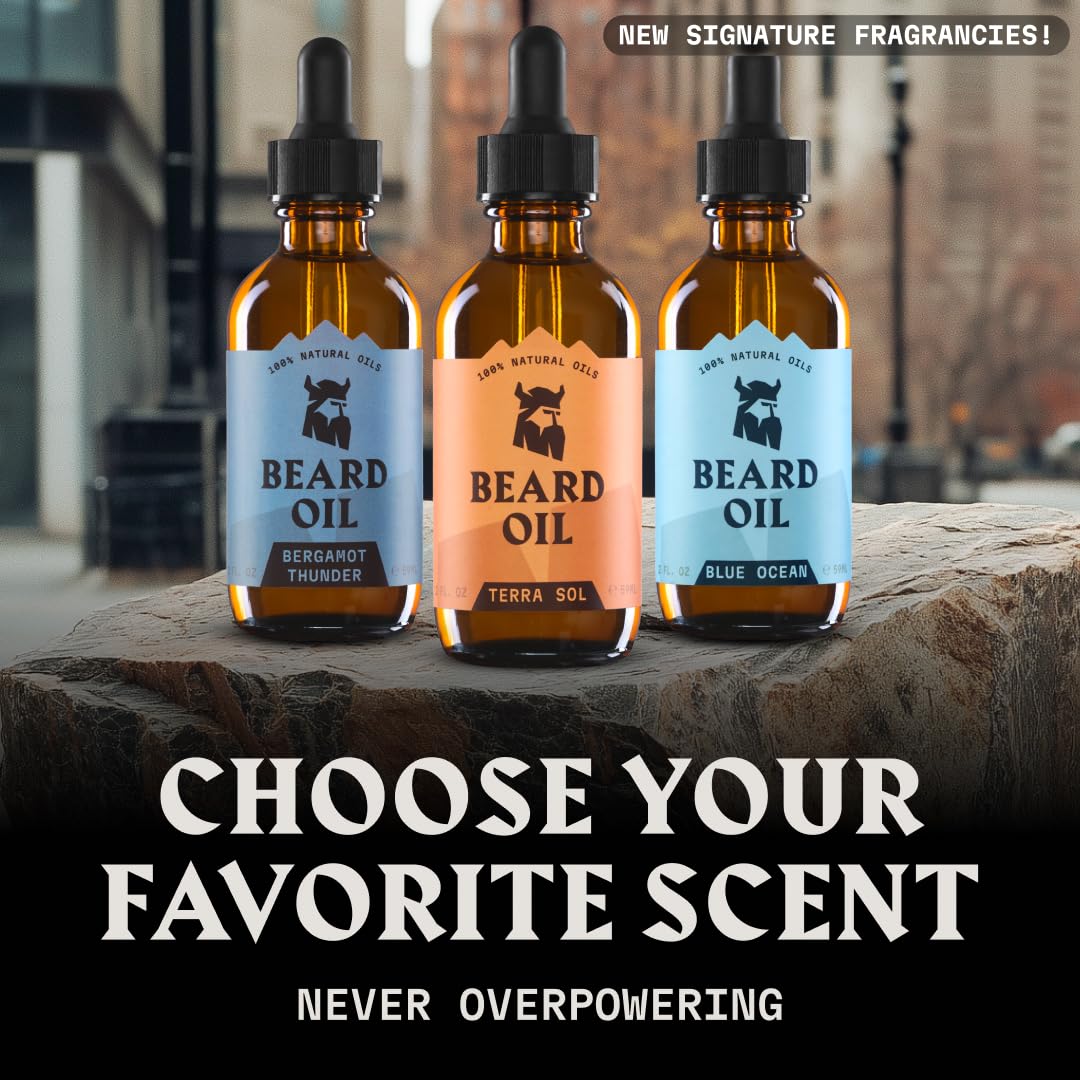Striking Viking Beard Oil - Natural Conditioner with Almond, Tea Tree, Argan & Jojoba for Growth & Softening | 2 Fl Oz, Bergamot Thunder