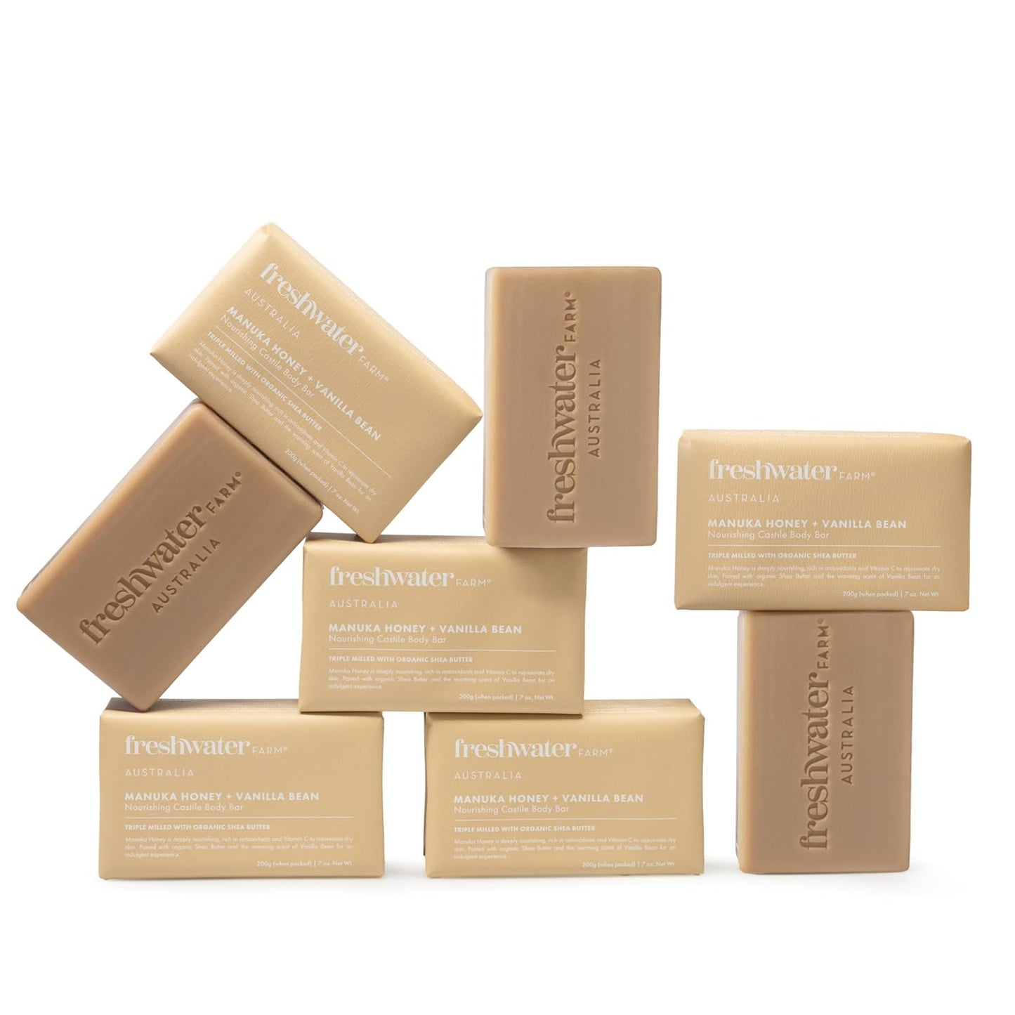 Freshwater Farm Australia Castile Body Soap Bar - Soothing Manuka Honey & Vanilla Bean | 7 oz, 8-Pack for Dry Skin