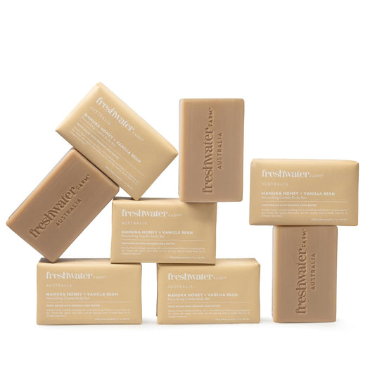 Freshwater Farm Australia Castile Body Soap Bar - Soothing Manuka Honey & Vanilla Bean | 7 oz, 8-Pack for Dry Skin