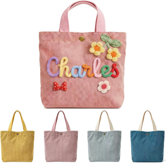 Skiennix Personalized Corduroy Tote Bag - Custom Name & 3D Crochet Flower Design | Perfect Birthday Gift for Girls