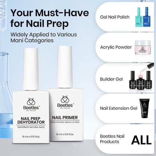 Beetles 4 Pcs 15ml Gel Top Coat and Base Coat Set with Nail Dehydrator and Primer Professional Nail Prep Acid-Free & Hema-Free Dehydrate Bond Primer Set for Acrylic & Gel Nail Polish Nail Gifts