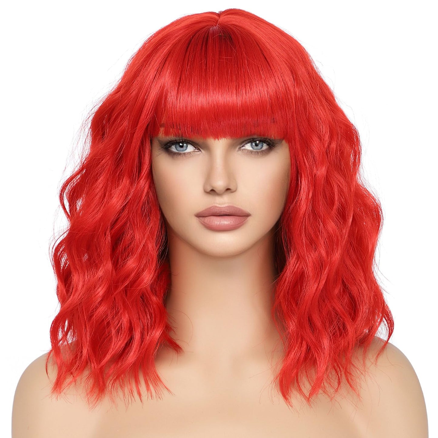 Lihui Red Wig With Bangs Short Wavy Bob Wig Colored Wigs For Women Fun Party Cosplay Wigs Synthetic Hair Wigs(Red, 12 Inch)