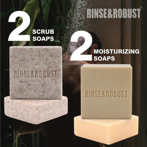 Rinse & Robust Men's Bar Soap Gift Set - Moisturizing & Exfoliating Cleansing Bars | 4 Scents, 5.3 oz Total