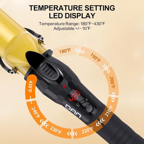 DAN Technology Curling Iron Wand - 1½ Inch Tourmaline Ceramic for Loose Waves | Fast Heating, LCD Display, Auto Shut-Off, Black & Gold