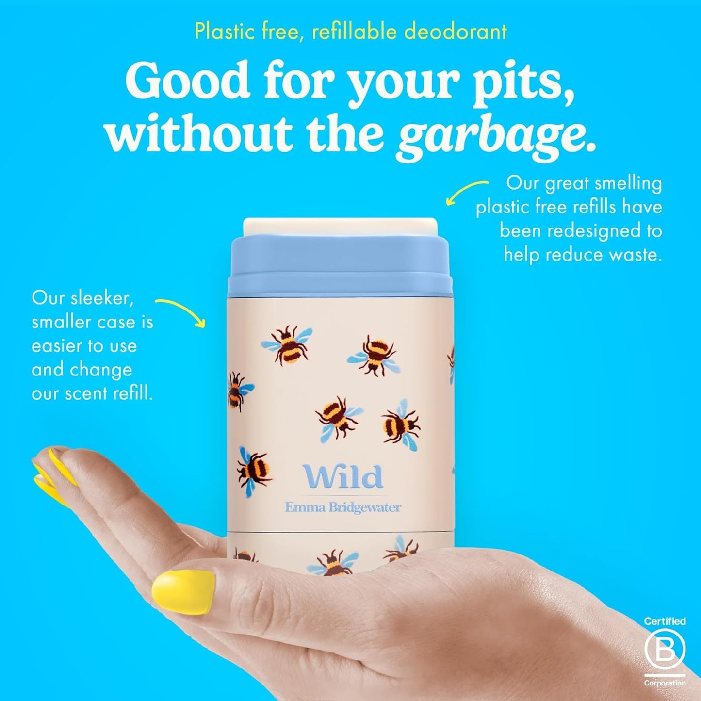 Wild - Aluminum Free Deodorant Starter Kit for Women | Refillable Stick with Bee Print Case & Vegan Refills - 5 x 1.4oz