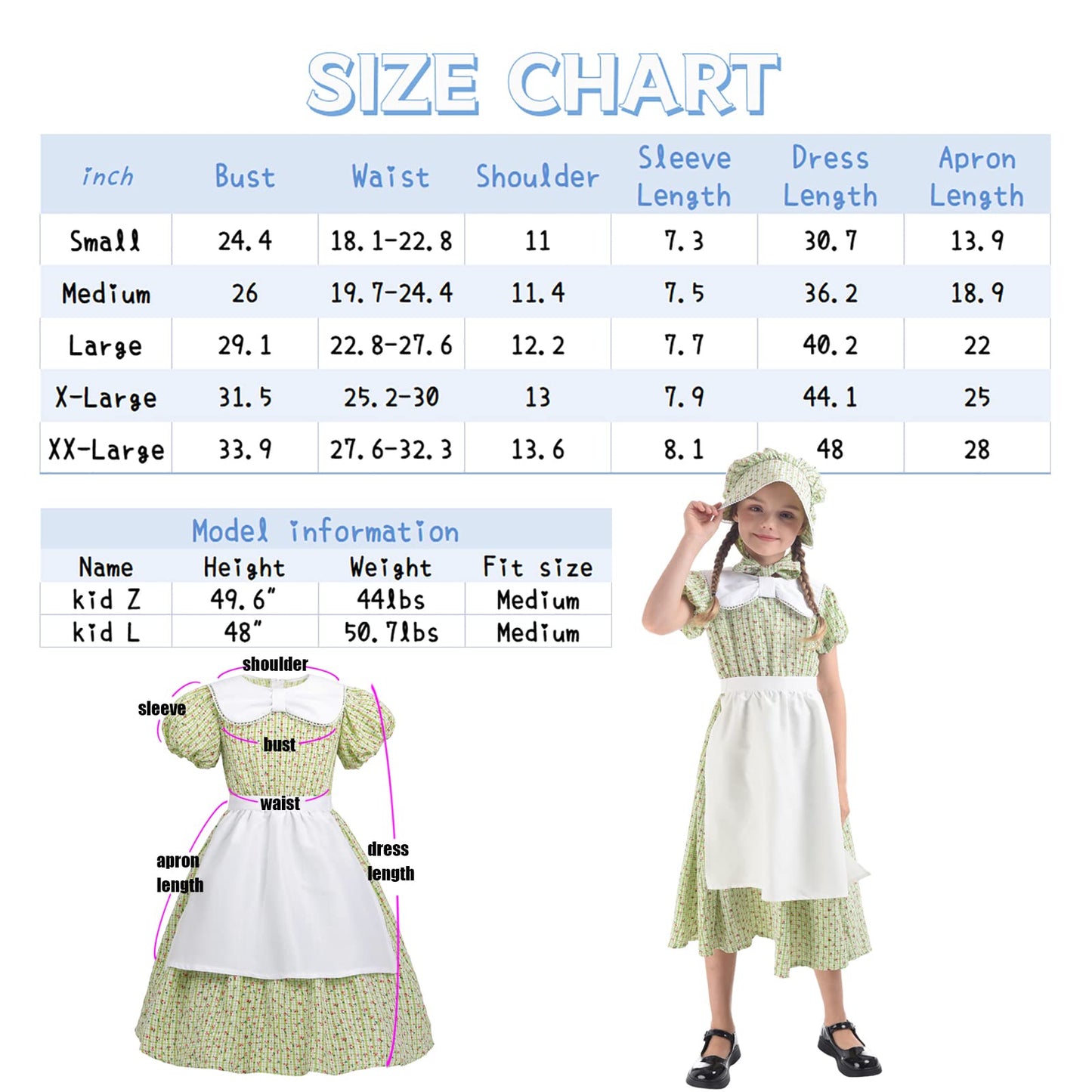 LTAKK Prairie Dresses Girls Pioneer Colonial Costume Girl Pilgrim Dress with Apron and Bonnet, Green Plaid Floral, Large