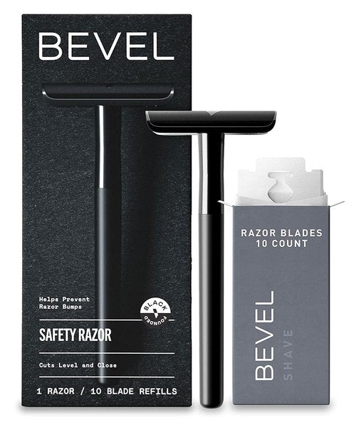 Bevel Safety Razor - Brass Weighted Handle & 10 Double Edge Blades | Prevent Razor Bumps, Black