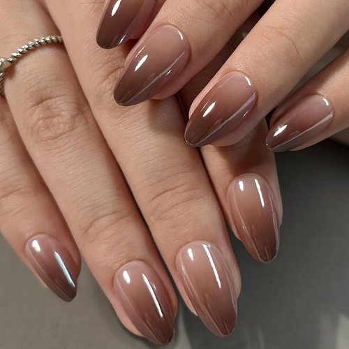 RTKHFZE Press On Nails Medium - Supremely Fit & Natural Soft Gel Glue On Nails with Nail Glue, Reusable Stick On Nails in 16 Sizes - 32 Fake Nails Kit, Brown Gradient