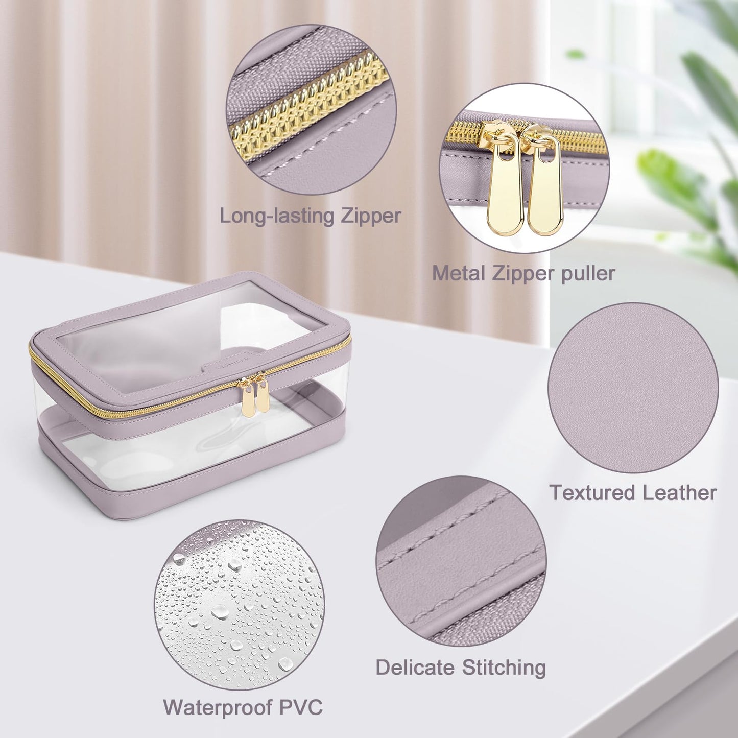 Soimeat Travel Clear Makeup Bag with Makeup Brush Bag, Leather Makeup Case Toiletry Bag, Portable Cosmetic Bag Case, Transparent Waterproof Cosmetic Organizer Storage Bag for Women, Purple