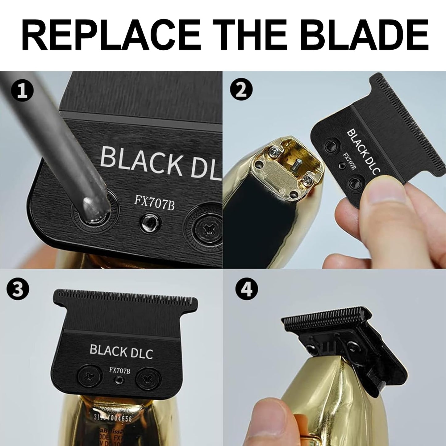 TRAH FX707B Replacement Blades - Black DLC Compatible with BaByliss Barberology FX787 & FX726 Trimmers