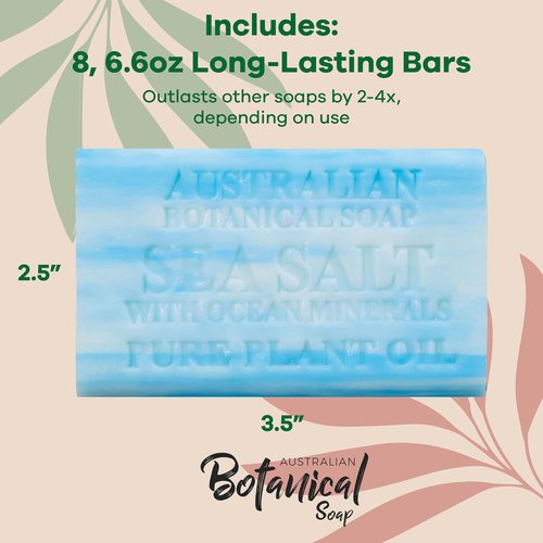 Australian Botanical Soap, 6.6 OZ, Sea Salt and Ocean Minerals, Triple Milled Bars made with a Natural Soap Base and Enriched with Organic Shea Butter, Pack of 8