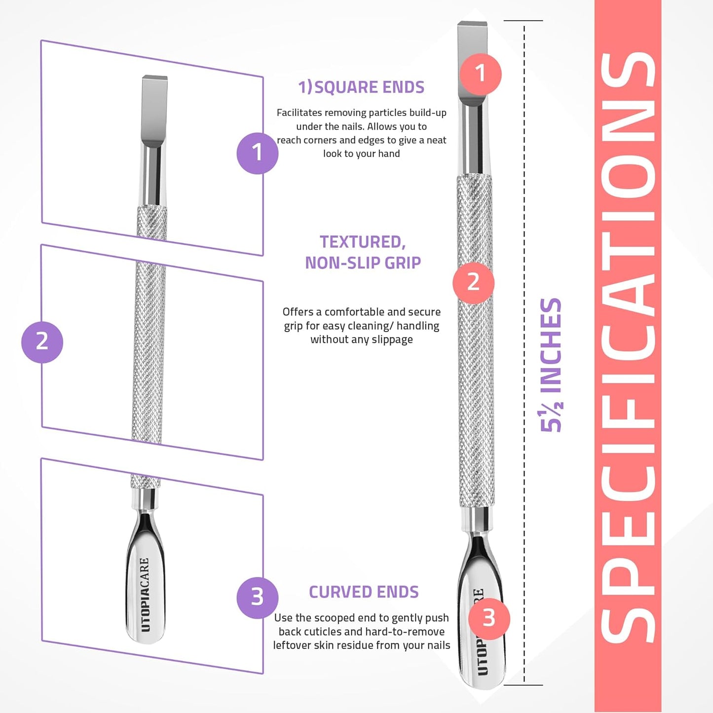 Utopia Care Cuticle Pusher Tool - Professional Stainless Steel Nail Cleaner & Remover | Durable Manicure & Pedicure Tool in Silver