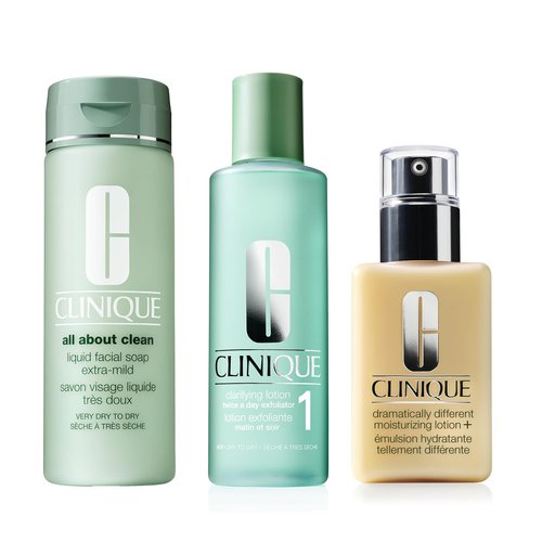 Clinique 3-Step Face Care Set - Liquid Soap, Exfoliating Lotion & Moisturizer for Very Dry Skin