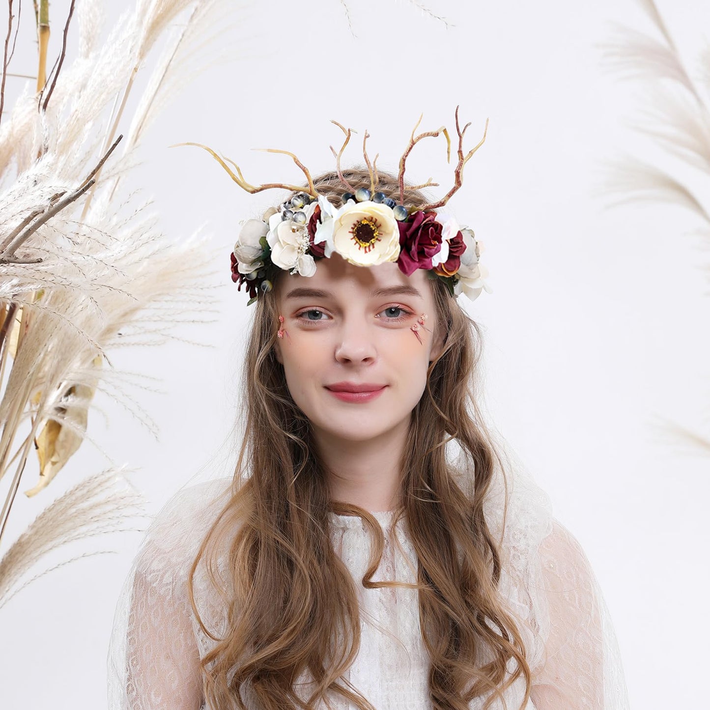 LLinfflr Deer Flower Crown Bridal Floral Headband Hair Wreath Flower Headpiece Halo Boho Party Prom Wedding Photos