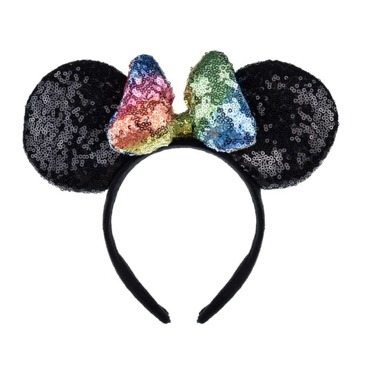 A Miaow 3D Black Mouse Sequin Ears Headband MM Glitter Butterfly Hair Clasp Park Supply Adults Women Photo Accessory (Black and Rainbow)