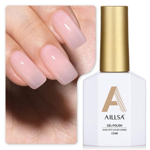 AILLSA Milky Pink Gel Nail Polish Natural Nude Jelly Gel Polish Light Color Translucent Nude Polish Sheer Pink Neutral Nails Soak Off U V Gel for French Manicure Nail Salon at Home 0.51 Fl Oz/GB90