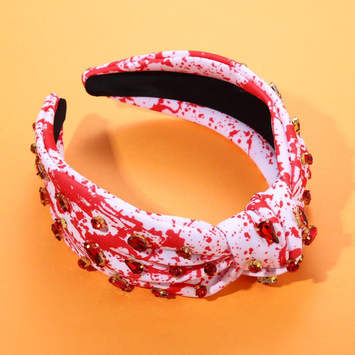 Halloween Crystal Knotted Headband for Women Rhinestone Jeweled Embellished Blood Splatter Print Wide Top Knot Hairband Halloween Costume Party Hair Accessory