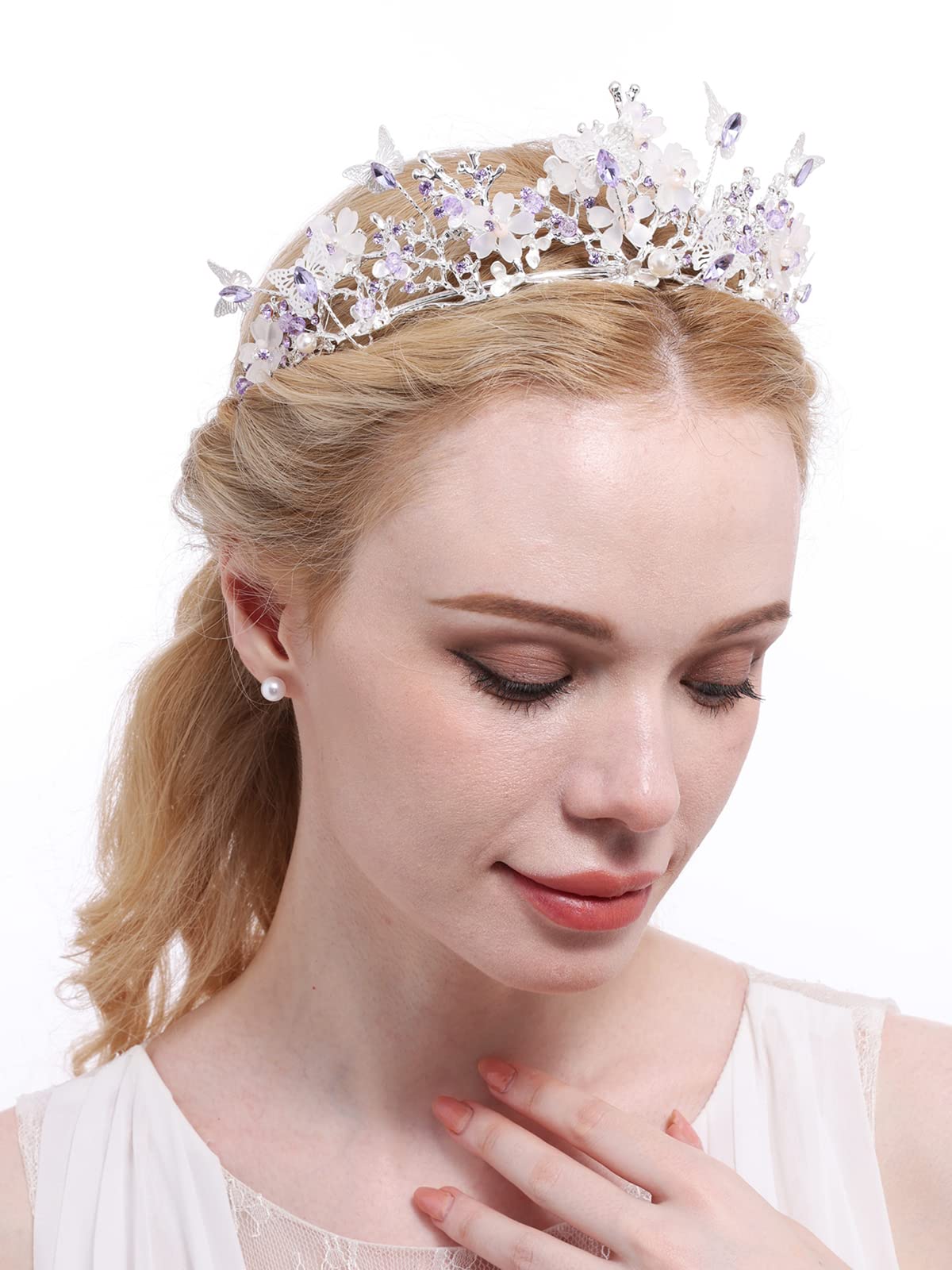 Brihasory Butterfly Queen Birthday Crowns Gold Tiaras for Bride, Crystal Royal Princess Wedding Rhinestone Headband, Costmue Party Christmas Halloween Black Prom Headpiece for Women and Girls (Purple)