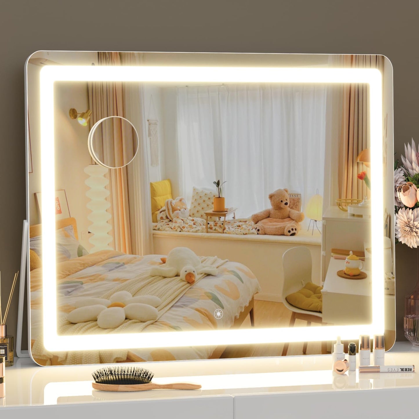 Gvnkvn Ligheted Vanity Mirror with Lights, 14" x 10" LED Makeup Mirror, 3 Modes Light, Smart Touch Control Dimmable, 360°Rotation, Rectangle White Frame