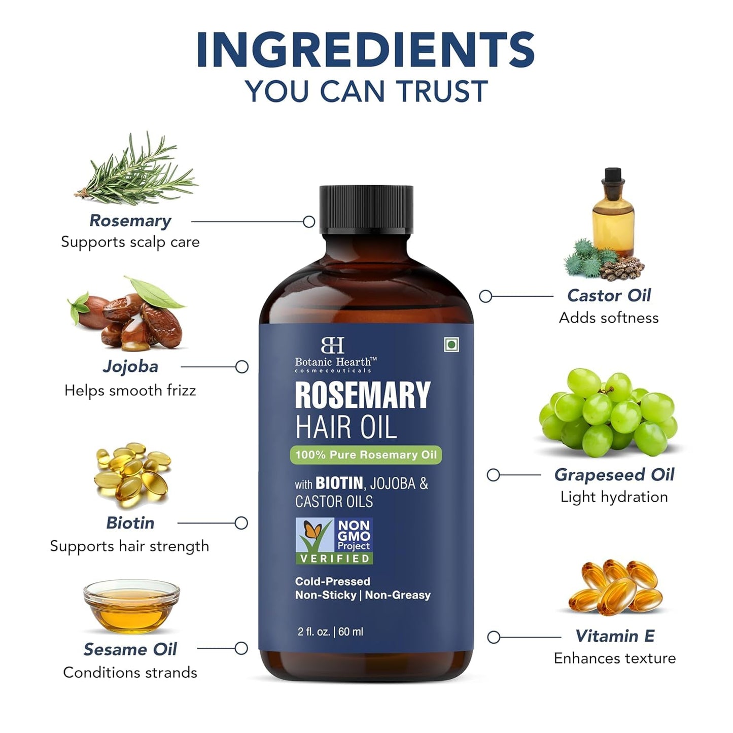 Botanic Hearth 100% Pure Rosemary Oil - Nourishing Hair Growth Treatment with Biotin & Jojoba Oil | 2 fl oz