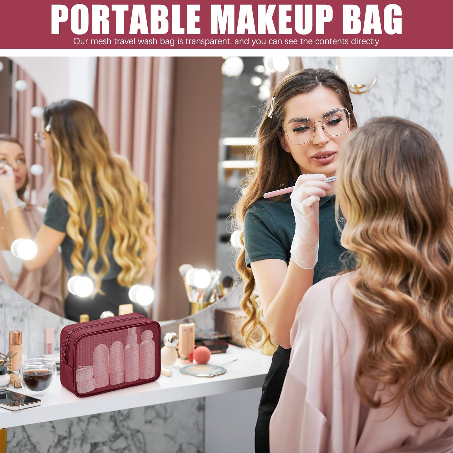 Weewooday 4 Pcs Mesh Makeup Bag Mesh Cosmetic Bag Travel Toiletry Pouch with Zipper Mini Makeup Cosmetic Purse for Daily Accessory(Small, Large, Medium,Wine Red)