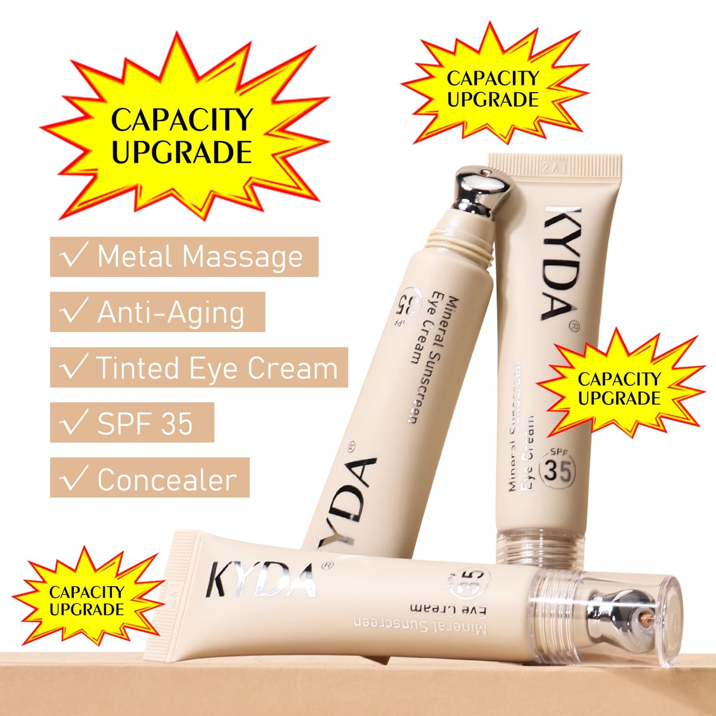 KYDA Mineral Sunscreen Eye Cream, 3-in-1 Anti-Aging Eye Cream, SPF 35, for Dark Circle and Fine Lines, Light