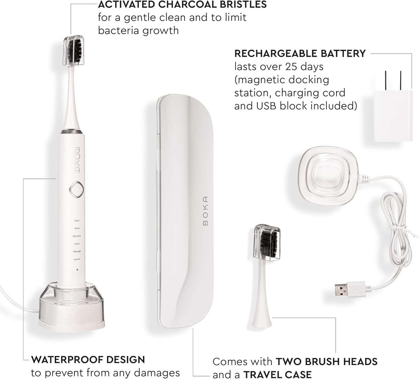 Boka 3.0 Electric Toothbrush - Rechargeable Sonic Toothbrush with Charcoal Bristles - 2 Heads Included