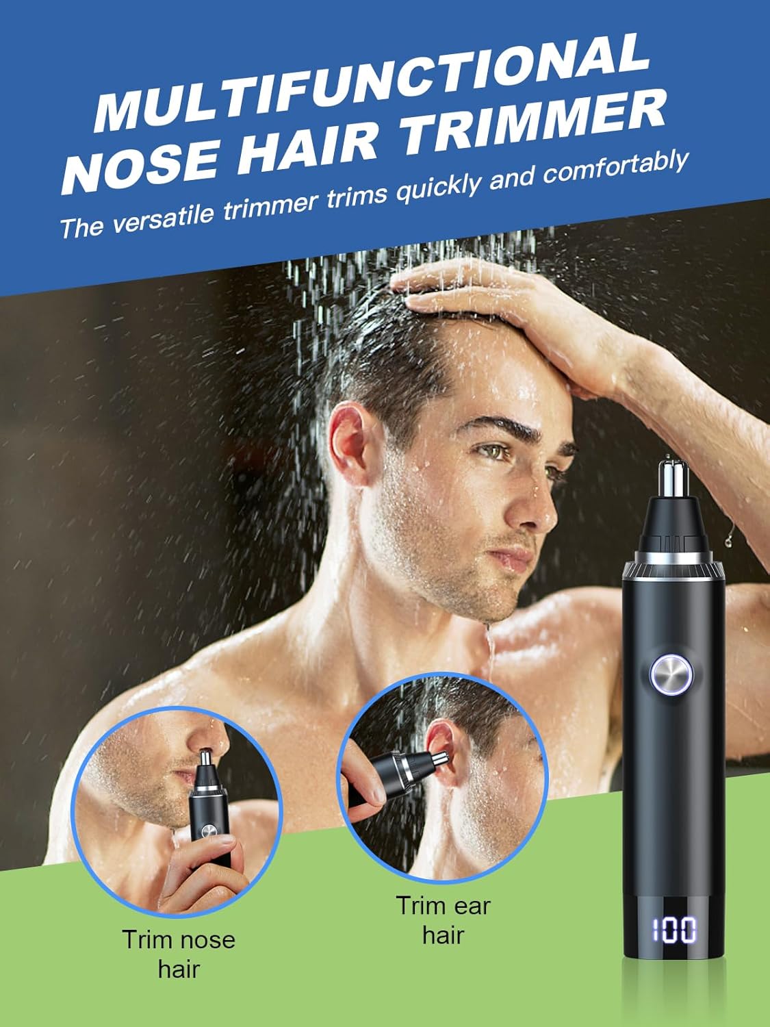 Ginity Ear & Nose Hair Trimmer - Painless USB Rechargeable with LED Display | IPX7 Waterproof Dual Edge Blades
