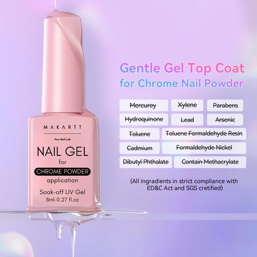 Makartt No Wipe Gel Top Coat for Chrome Nail Powder - Clear High Gloss Mirror Shine Top Coat Gel Nail Polish, Long Lasting Soak-Off LED UV Lamp, DIY Home Salon Art Design Gifts, 8ml Pink Bottle