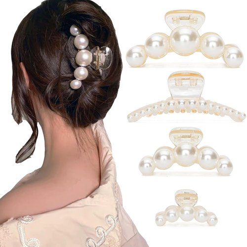 Hair Clips for Women, Large Pearl Hair Claw Clip Set Strong Hold No Slip, Banana Jaw Clip Barrettes, Hair Accessories Birthday Wedding Mothday’s Day Gift for Girl Wife Styling Thick Thin (4 PCS)