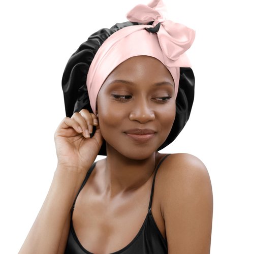 100% Mulberry Silk Bonnet for Sleeping Women with Curly Hair - Short Long Hair Bonnet for Sleeping - Alternative to Double Layer Satin Bonnet with Tie Band - Premium Hair Wrap for Sleep Black