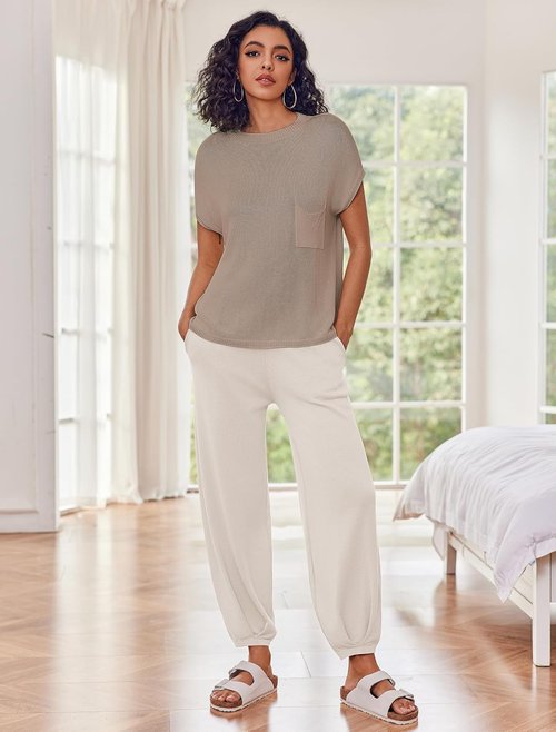 Ekouaer Two-Piece Lounge Set - Cozy Knit Sweater Top & Jogger Pants | Perfect for Relaxation