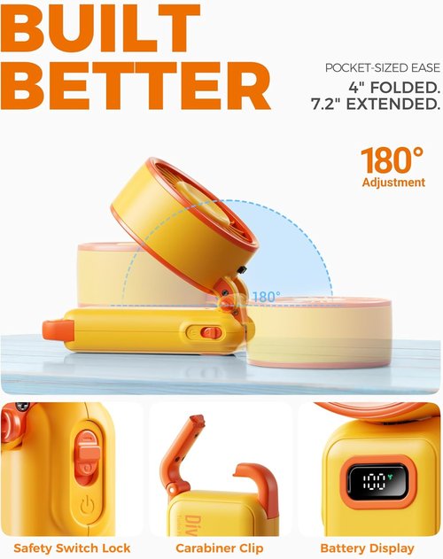 Diveblues Portable Handheld Fan - 7.4m/s High-Speed Turbo with 180° Foldable Design | USB-C Rechargeable, 12H Battery