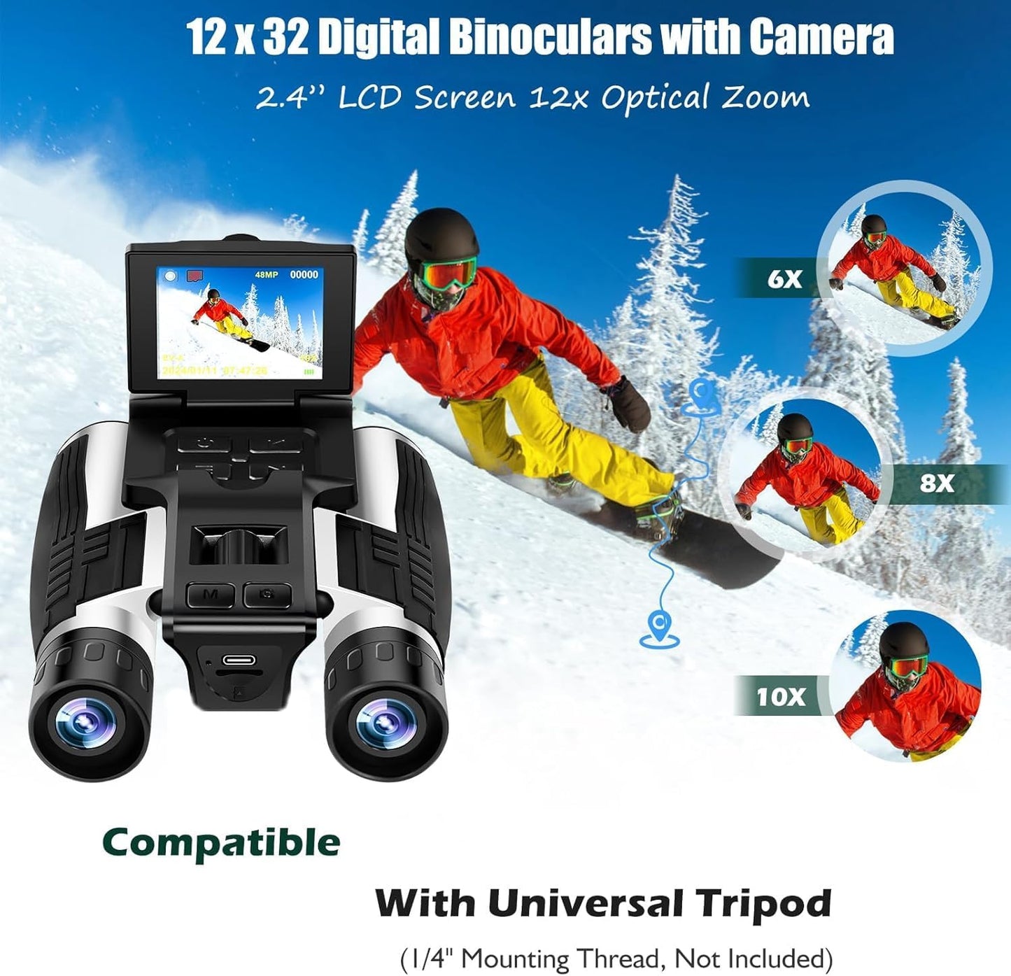 2.4" LCD Digital Binoculars with Camera, 48MP 2.5K Video Recording, 12x32 Optics, 8X Digital Zoom for Bird Watching, Hunting, Concerts and Sports, Includes 32GB Card