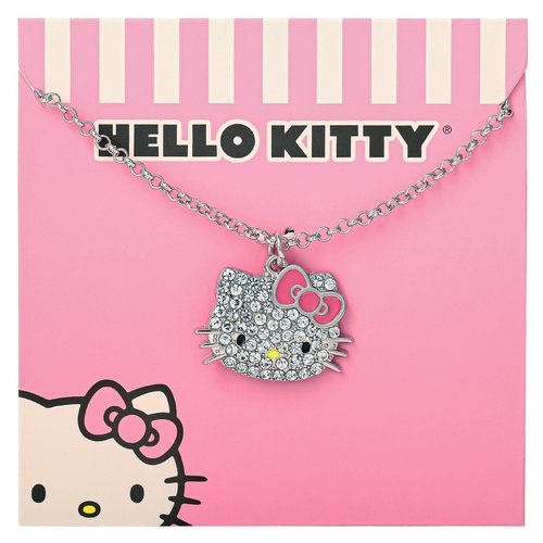 Hello Kitty Sanrio Pave Crystal Pendant Necklace for Women Official License, 16"+3" Sparkly Necklace with Enamel Plating